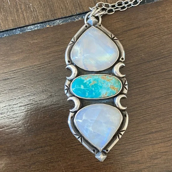 Pacific Crest Silver moonstone and turquoise sterling silver pendant - Picture 1 of 13